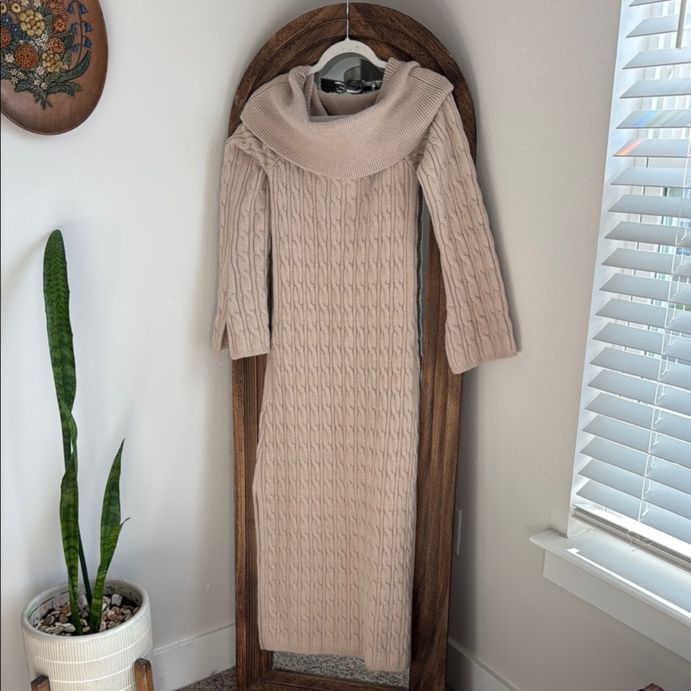 12th Tribe Beige Cable Knit Turtleneck Sweater Dress